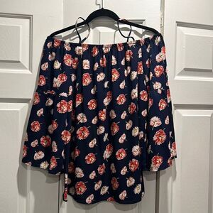 Pleione Navy Floral Off The Shoulder Top, Size Medium